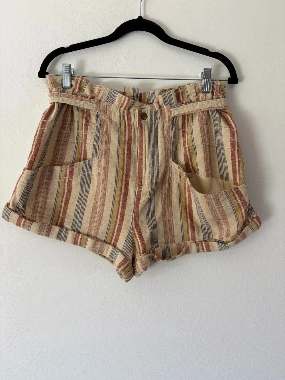 Free People Topanga Tan Combo Striped Paperbag Waist Shorts Size Small NWT